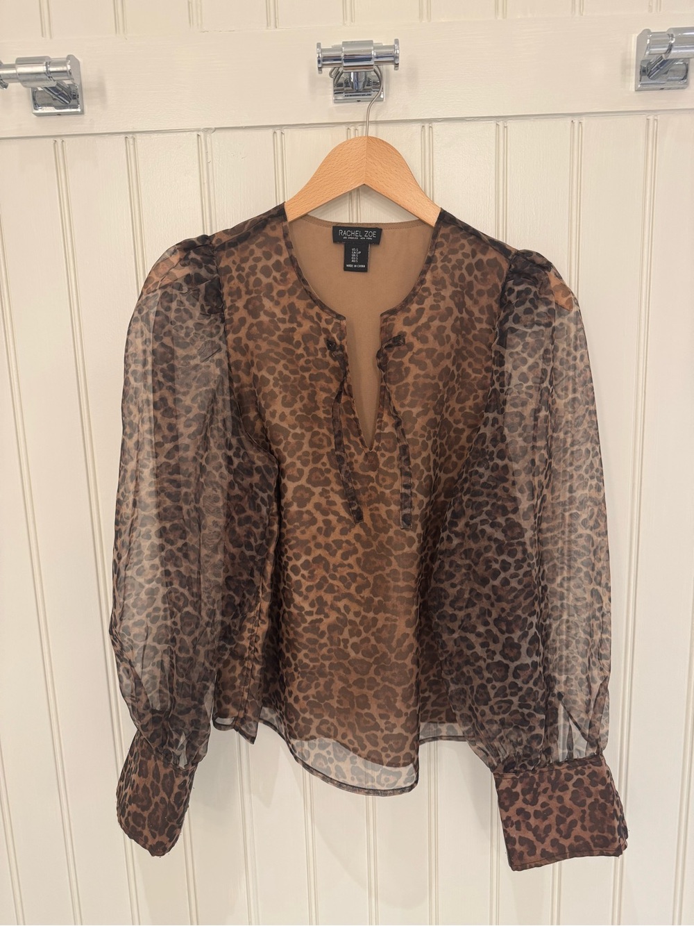 Rachel Zoe Brown Leopard-Print Sheer Long-Sleeve Blouse